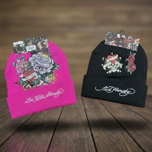 NWT Ed Hardy 2-Pack Beanies Pink Black Love Kills Slowly Rhinestone Y2K Hat Set